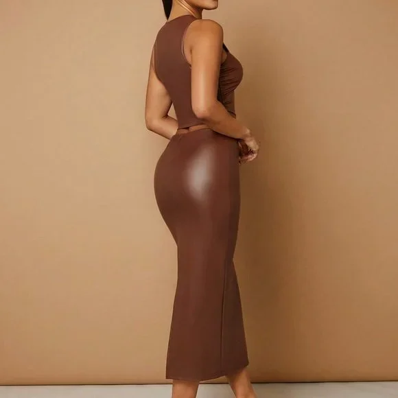 Brown Casual Womens Solid PU Leather Tank Top & Pencil Skirt - Picture 2 of 6